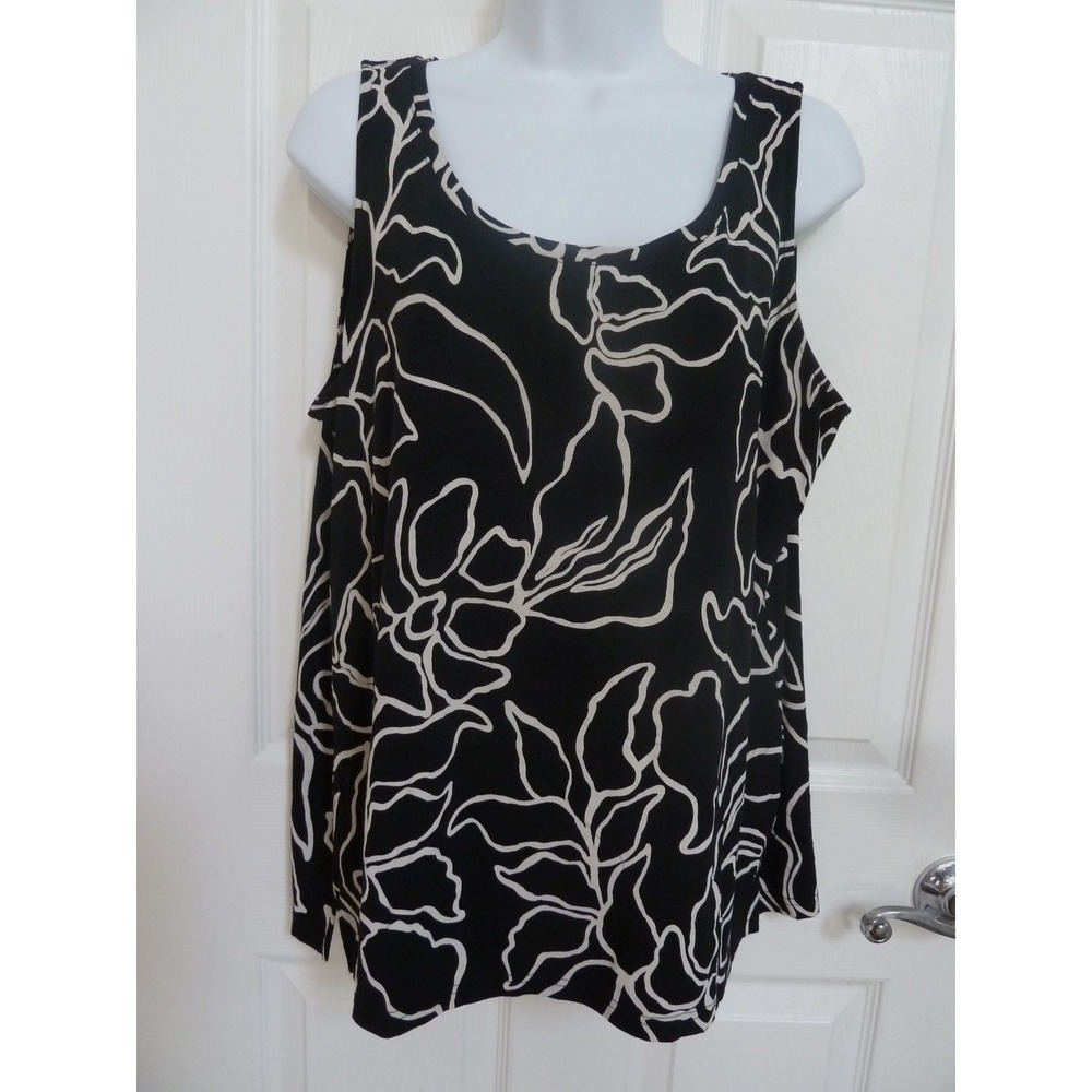Chico's Size 2 Large Pullover Tank Top Black White Abstract Floral Rayon Stretch